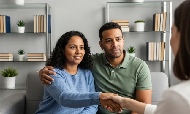 a couple sitting down to meet with a therapist