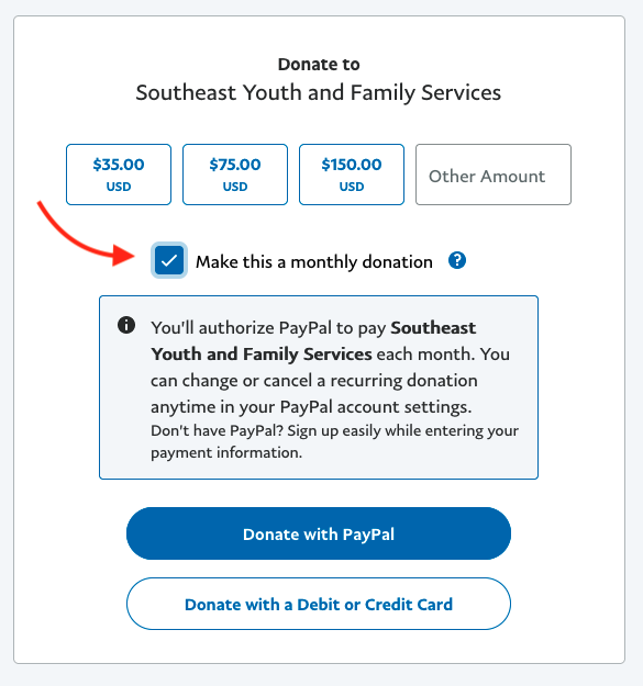 Screenshot of PayPal donate page with monthly donations option checked