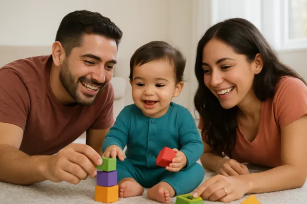a hispanic family playing with their child in the living room