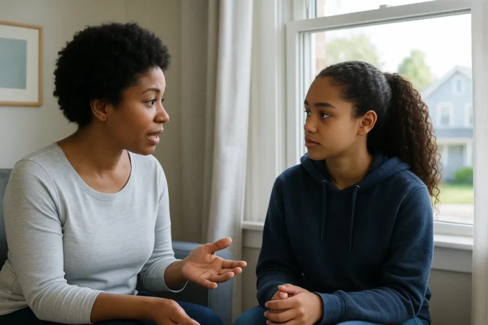 a mother and daughter having a meaningful conversation
