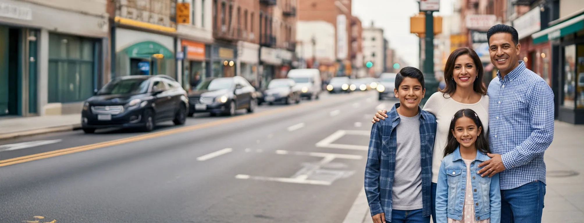 a family posing for a photo on a public sidewalk
